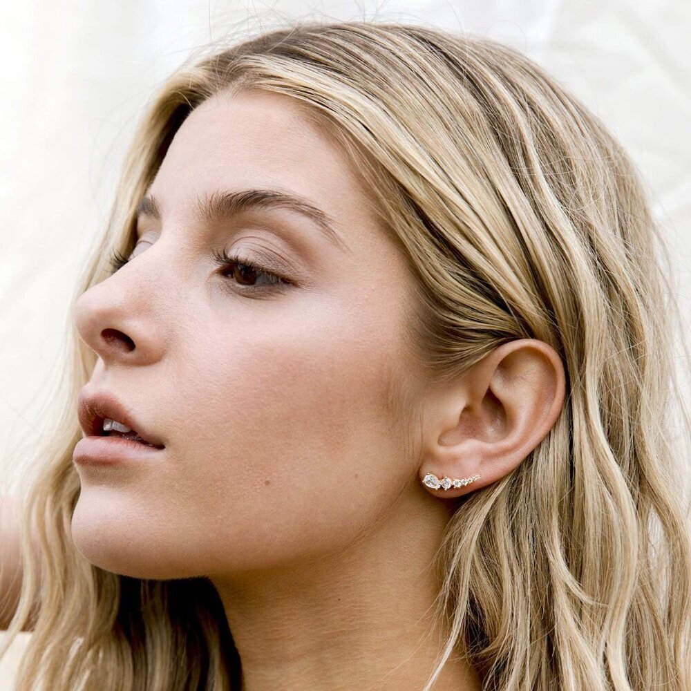14K Gold Plated Cubic Zirconia Ear Crawler Stud Earrings for Women - Faux Diamon - Picture 2 of 5